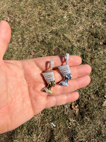 MOISSANITE Hip Iced Out Egyptian Queen Nefertiti Pendant - 14k Yellow Gold Vermeil Or 925 Silver - Medium 1.75"