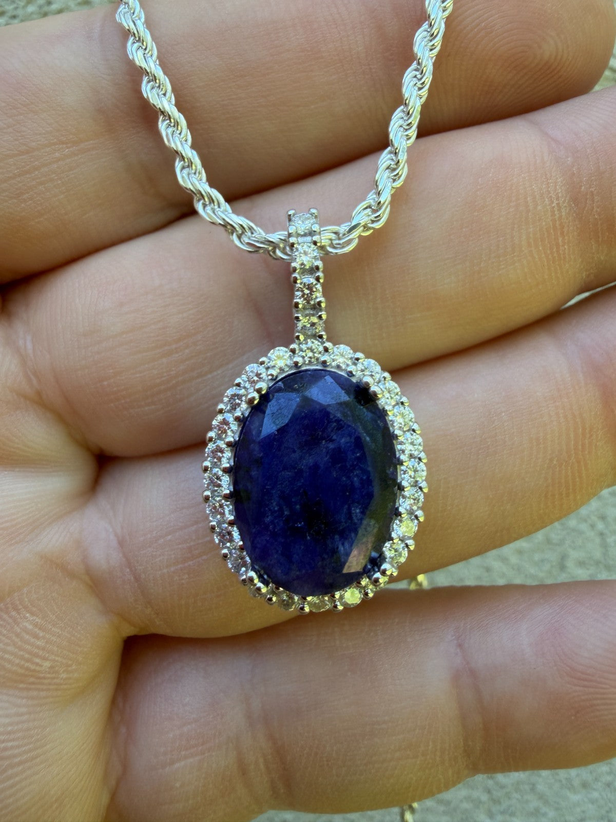 MOISSANITE Royalty Midnight Ocean Pendant - 925 Silver - Oval Genuine Blue Sapphire Stone