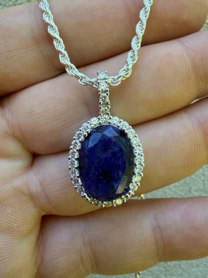 MOISSANITE Royalty Midnight Ocean Pendant - 925 Silver - Oval Genuine Blue Sapphire Stone