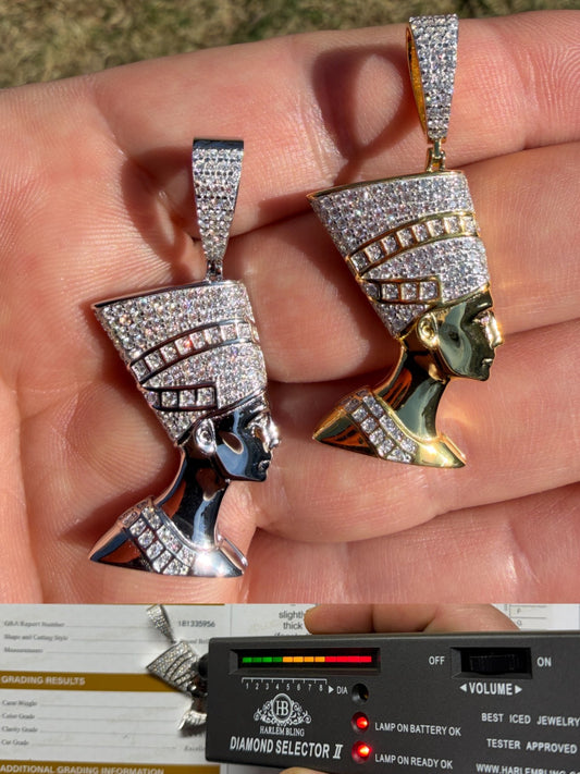 MOISSANITE Hip Iced Out Egyptian Queen Nefertiti Pendant - 14k Yellow Gold Vermeil Or 925 Silver - Medium 1.75"