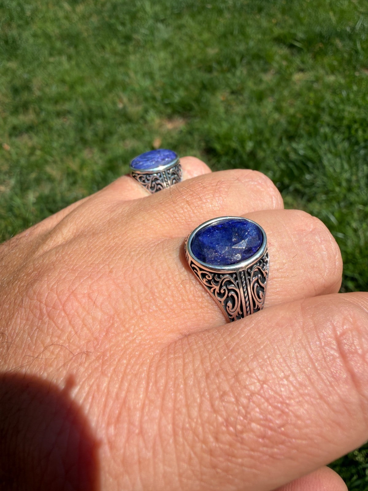 Columbian King Ring - 925 Silver Oxidized - Genuine Blue Sapphire Stone