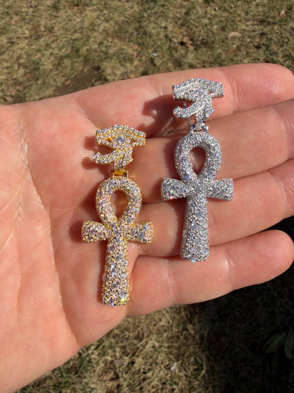 MOISSANITE Mosaic Setting Ankh W. Eye Of Horus Pendant - 14k Yellow Gold Vermeil Or 925 Silver - Medium 2"