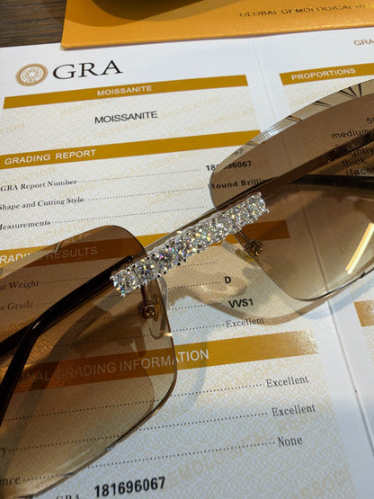 MOISSANITE Big Stone 15ct Iced Out Sunglasses - 925 Silver Buffs - Light Brown