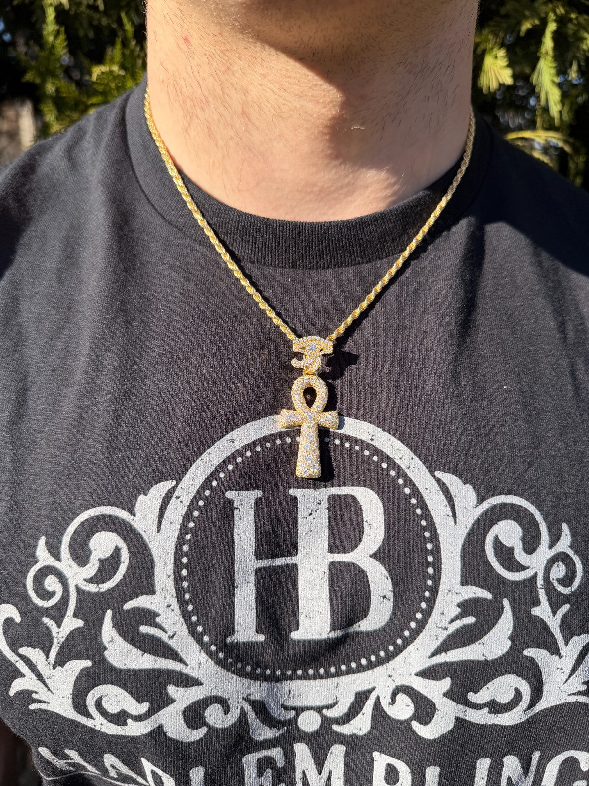 MOISSANITE Mosaic Setting Ankh W. Eye Of Horus Pendant - 14k Yellow Gold Vermeil Or 925 Silver - Medium 2"