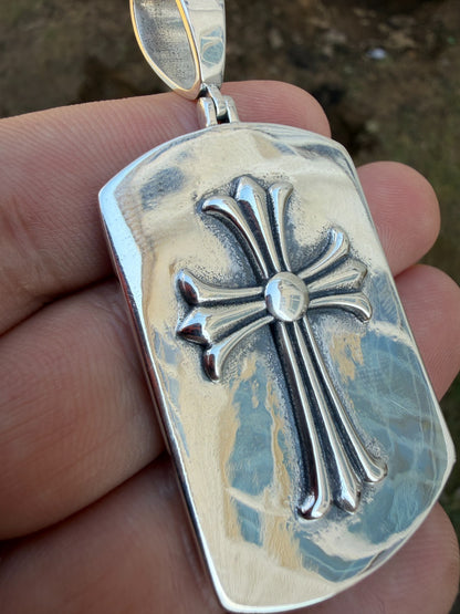 Hearts Chrome Dog Tag Cross Pendant - 925 Silver - 3 Sizes 1"-2.75"