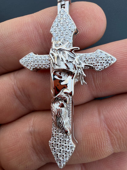 MOISSANITE Passion Of Christ Jesus On Gothic Cross Pendant - 14k Yellow Gold Vermeil Or 925 Silver - Large 2.5"