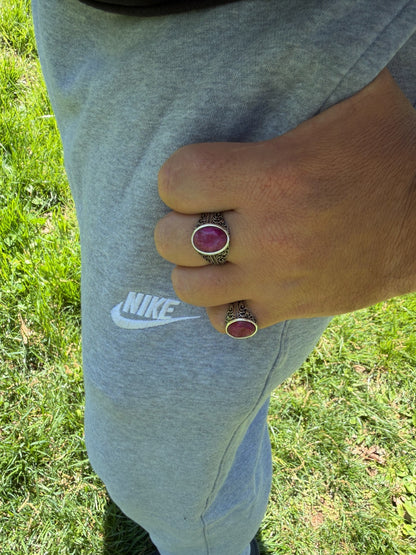 Columbian King Ring - 925 Silver Oxidized - Genuine Red Ruby Stone
