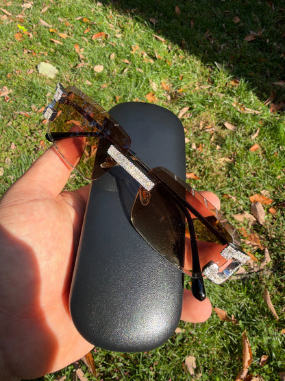 MOISSANITE Baguette Custom Iced Out Sunglasses - 925 Silver Buffs - Light Brown
