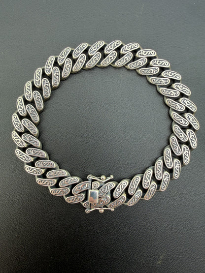 Mens Custom 12mm Hawaiian Scroll Miami Cuban Link Bracelet Real 925 Silver
