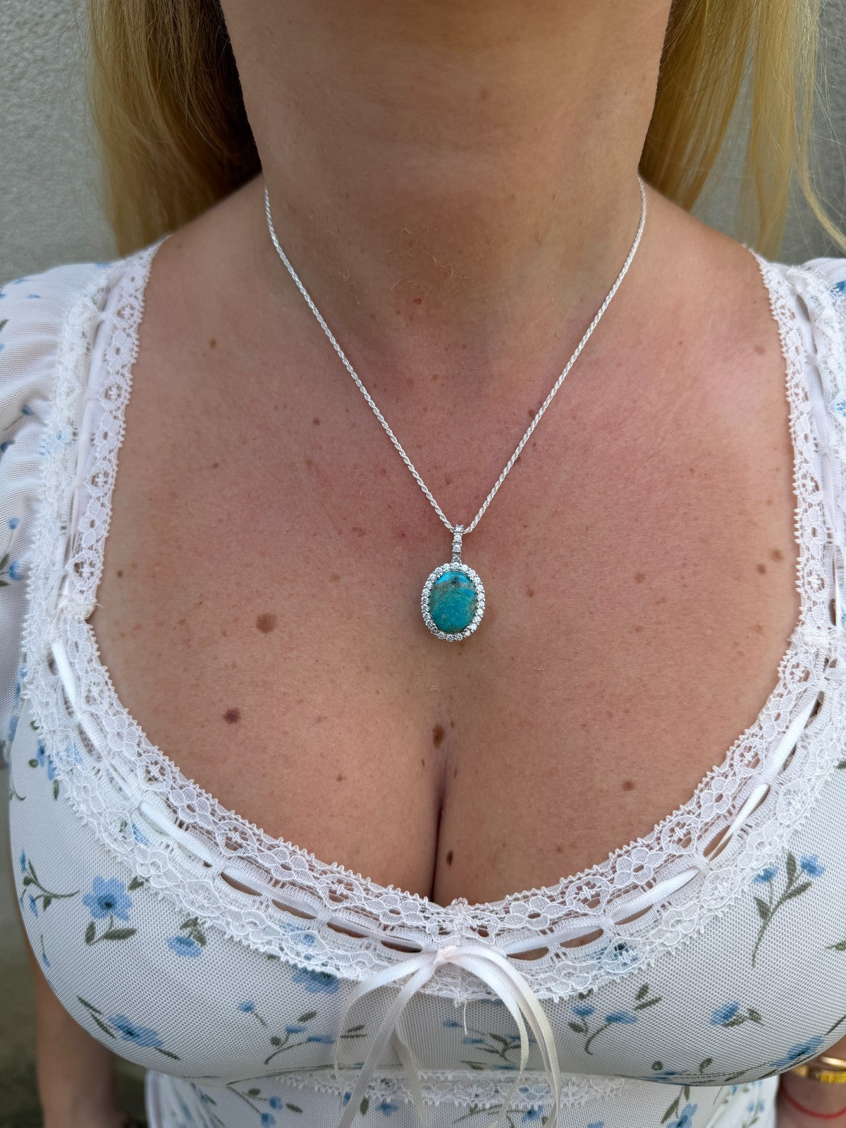 MOISSANITE Royalty Ocean Freeze Pendant - 925 Silver - Oval Genuine Blue Turquoise Stone