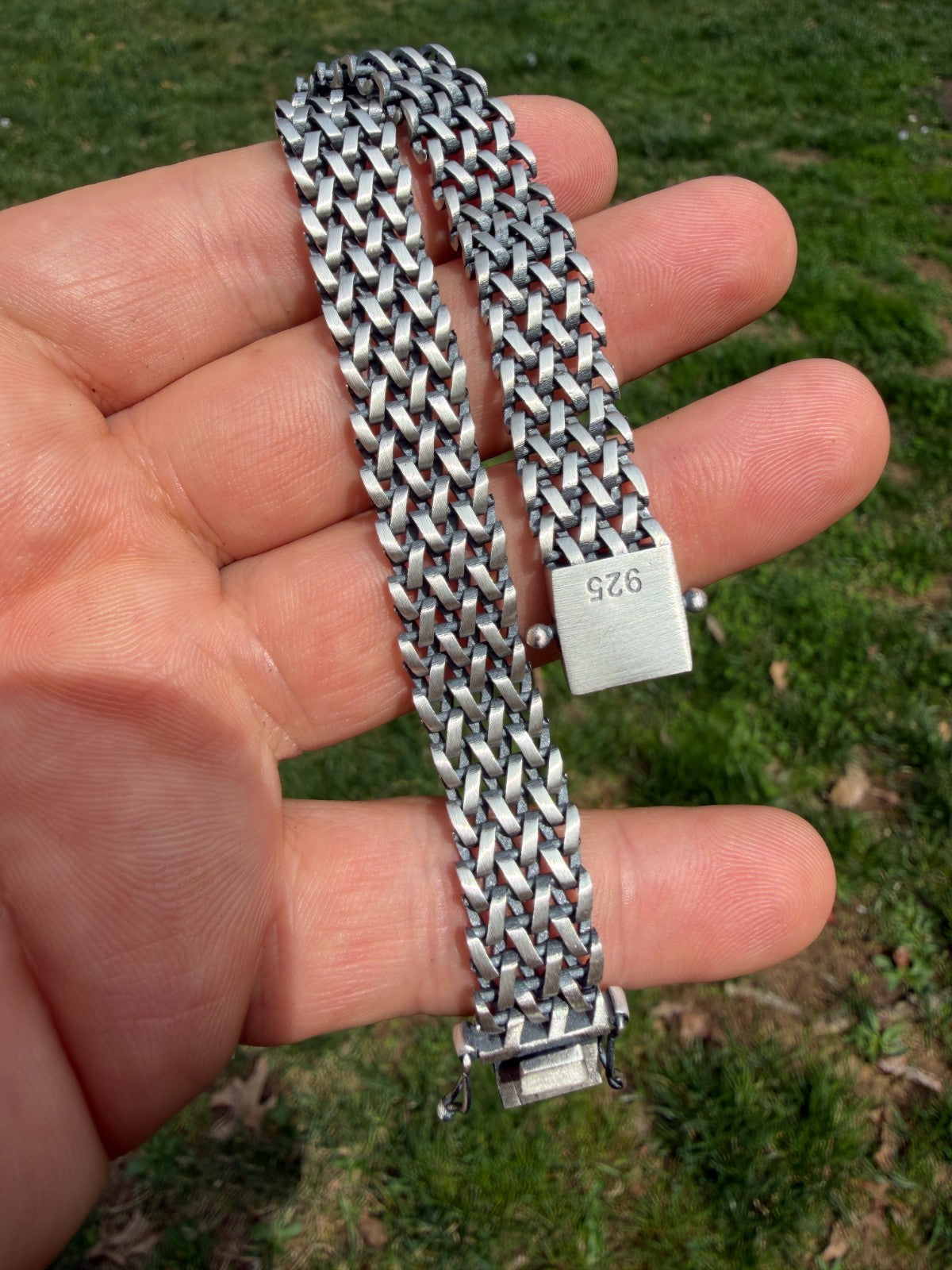 Mens Turquoise Wheat Woven Link Bracelet - 925 Sterling Silver - 8.5" - 12mm