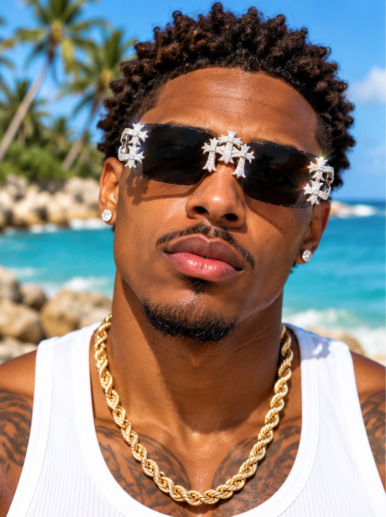 MOISSANITE Hearts Chrome Cross Iced Out Sunglasses - 925 Silver Buffs - Black