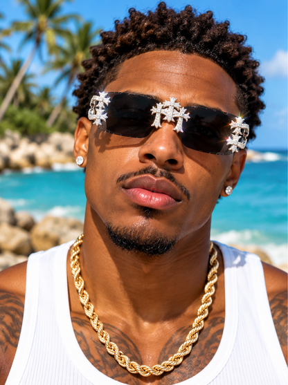 MOISSANITE Hearts Chrome Cross Iced Out Sunglasses - 925 Silver Buffs - Black
