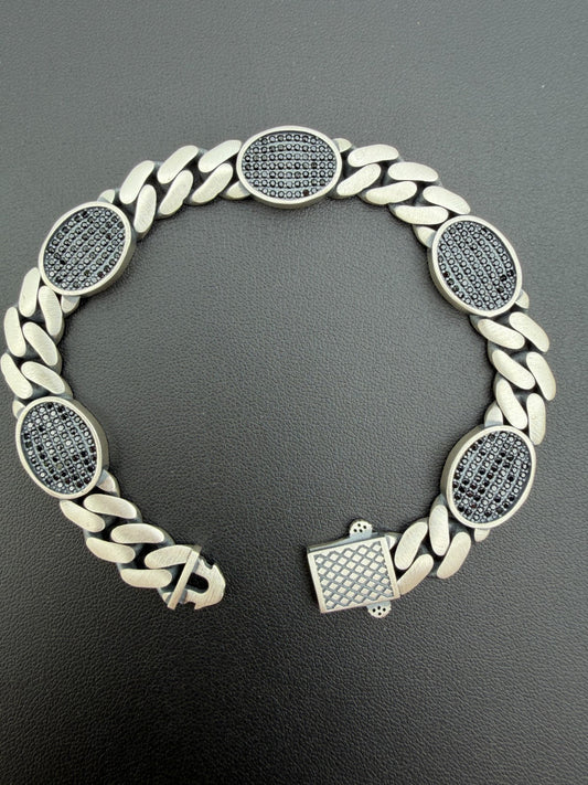 Mens Miami Cuban Link Bracelet W. Iced Out Black CZ Stones - 925 Silver - 8.5" - 12mm