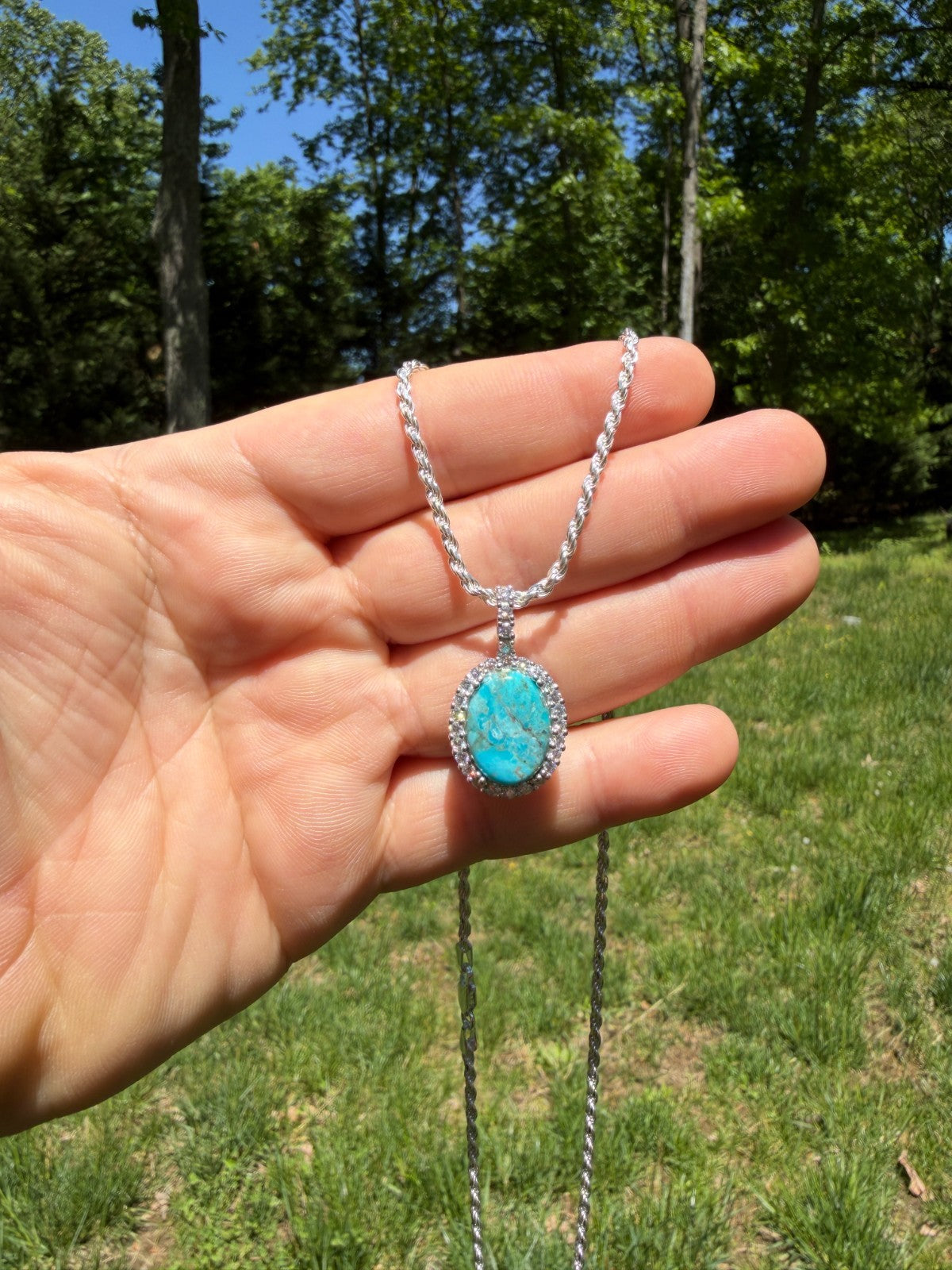 MOISSANITE Royalty Ocean Freeze Pendant - 925 Silver - Oval Genuine Blue Turquoise Stone