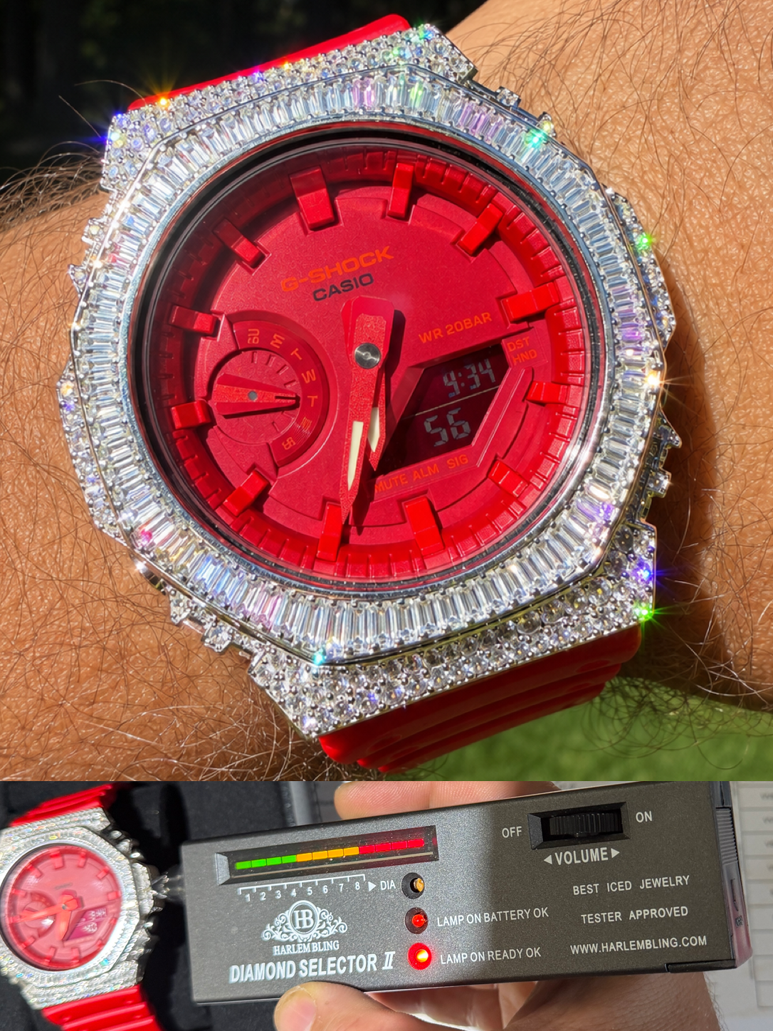 MOISSANITE Real 925 Silver Iced Baguette Red Casio G Shock GA-2100 Hip Hop Watch