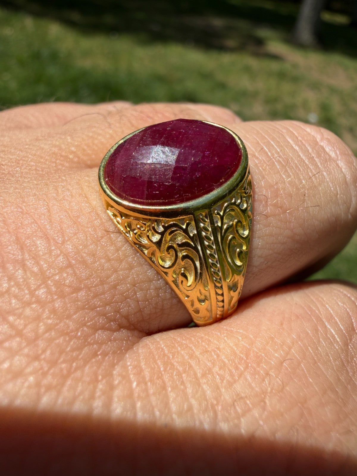 Columbian King Ring - 14k Gold Vermeil 925 Silver - Genuine Red Ruby Stone