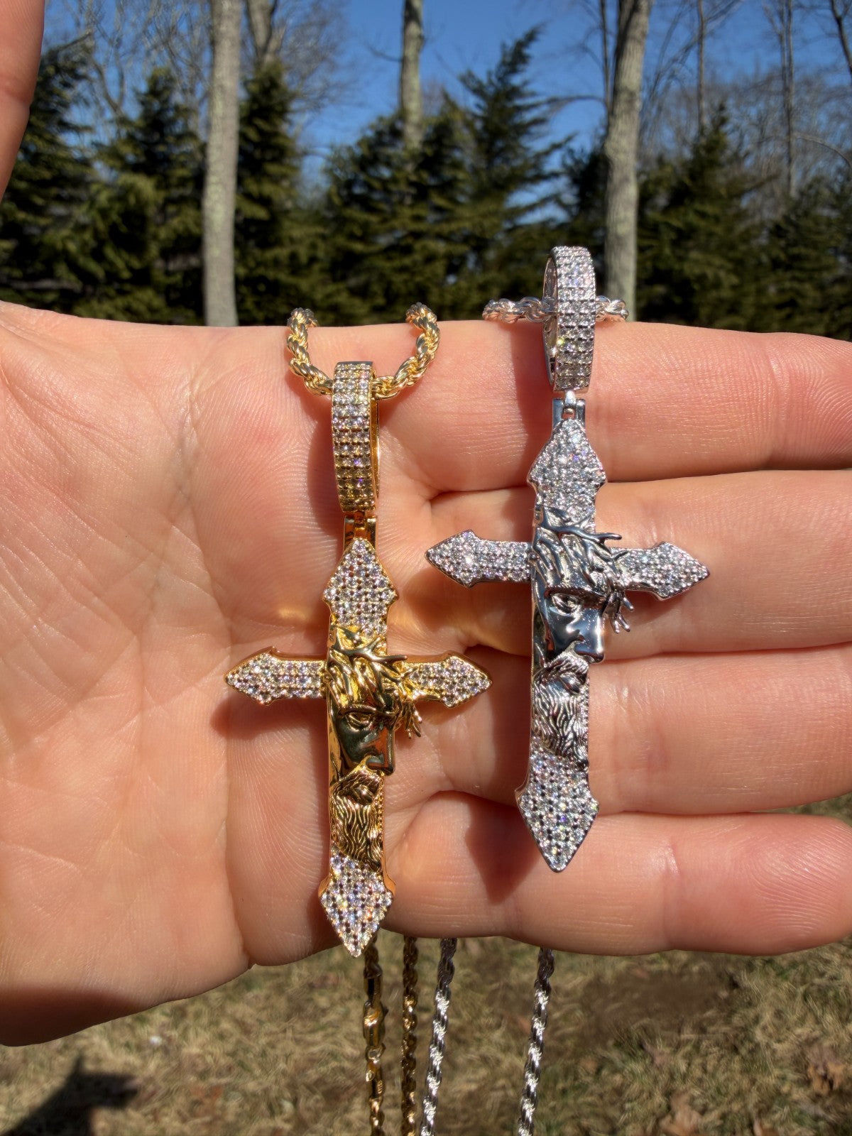 MOISSANITE Passion Of Christ Jesus On Gothic Cross Pendant - 14k Yellow Gold Vermeil Or 925 Silver - Large 2.5"