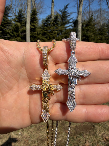 MOISSANITE Passion Of Christ Jesus On Gothic Cross Pendant - 14k Yellow Gold Vermeil Or 925 Silver - Large 2.5"