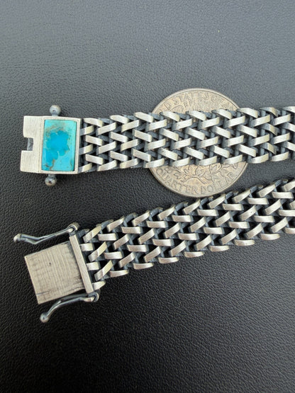 Mens Turquoise Wheat Woven Link Bracelet - 925 Sterling Silver - 8.5" - 12mm