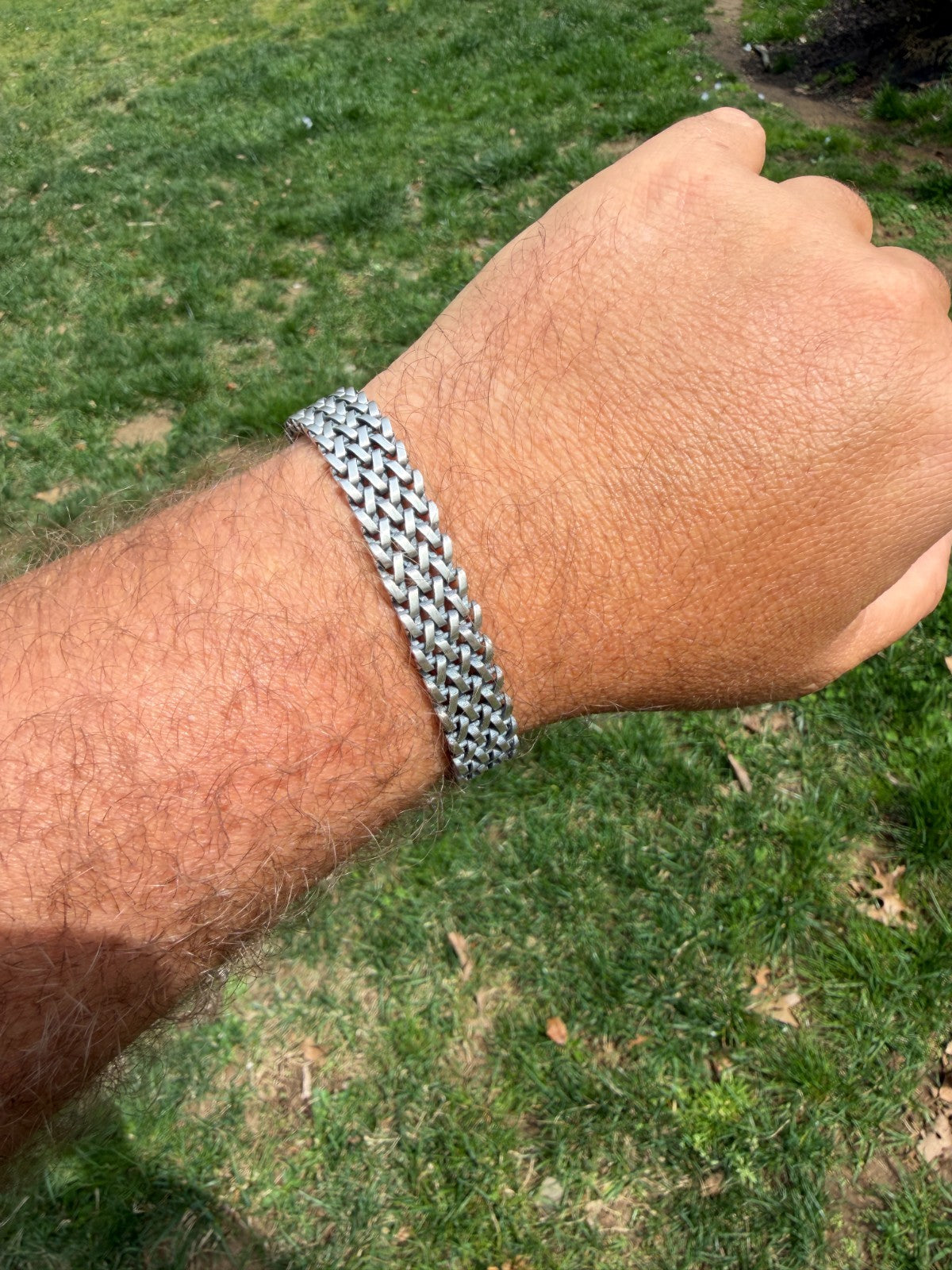 Mens Turquoise Wheat Woven Link Bracelet - 925 Sterling Silver - 8.5" - 12mm