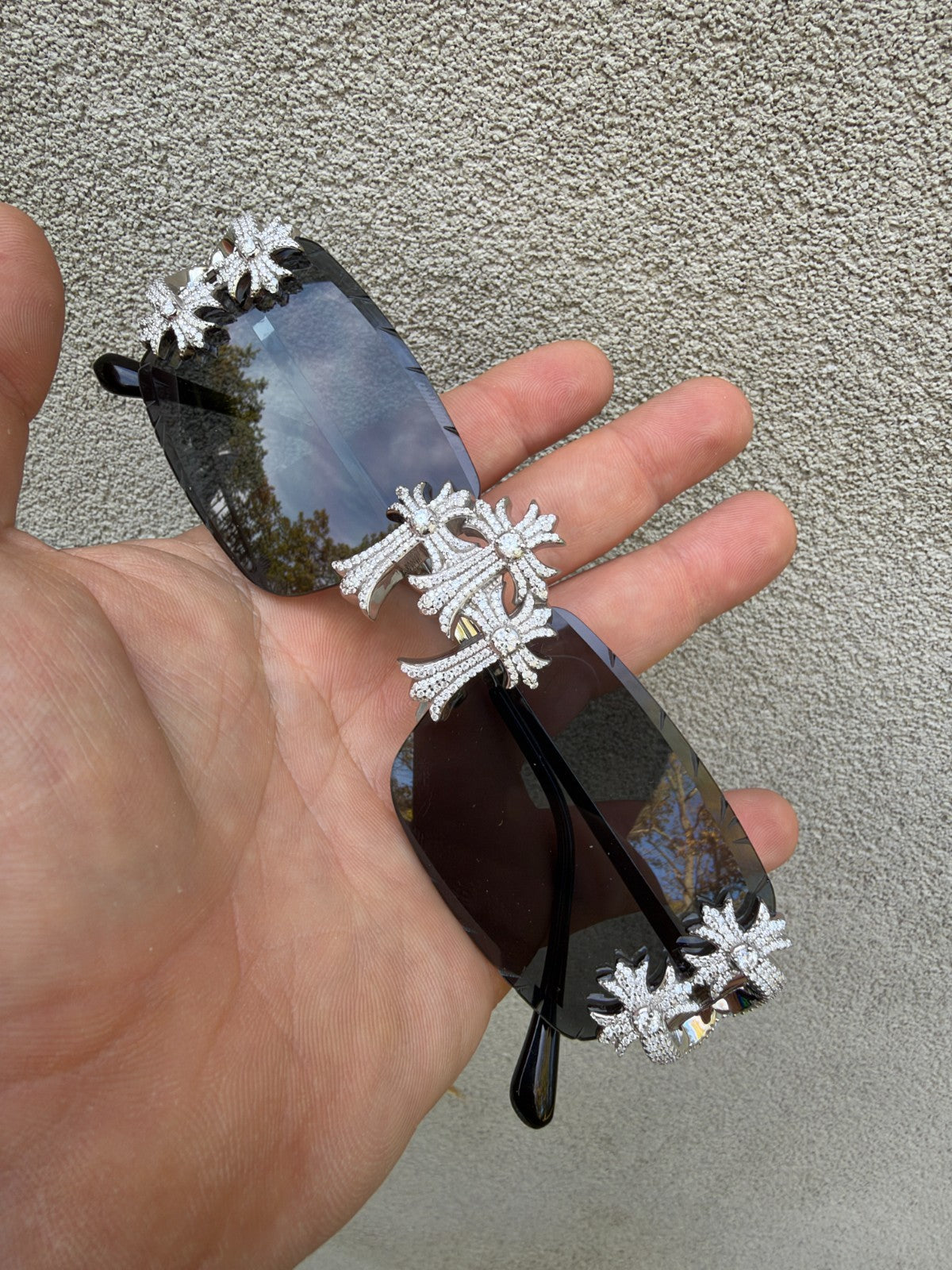 MOISSANITE Hearts Chrome Cross Iced Out Sunglasses - 925 Silver Buffs - Black
