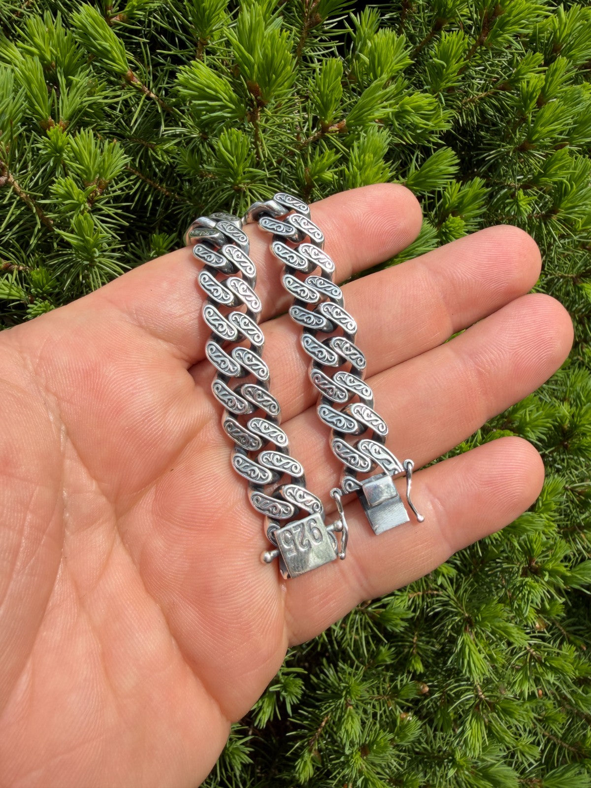 Mens Custom 12mm Hawaiian Scroll Miami Cuban Link Bracelet Real 925 Silver