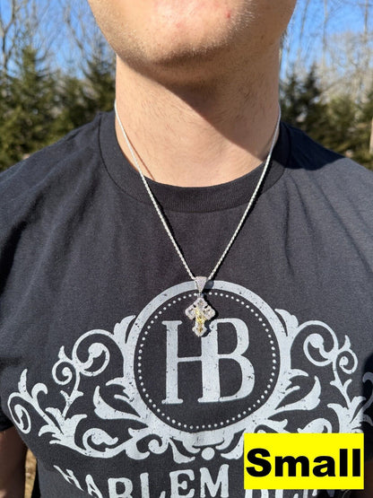 MOISSANITE Baguette Gothic Cross & Praying Hands Pendant - 925 Silver & Gold Accent - 3 Sizes 1.5"-2.75"