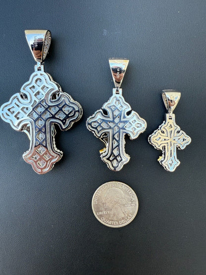 MOISSANITE Baguette Gothic Cross & Praying Hands Pendant - 925 Silver & Gold Accent - 3 Sizes 1.5"-2.75"