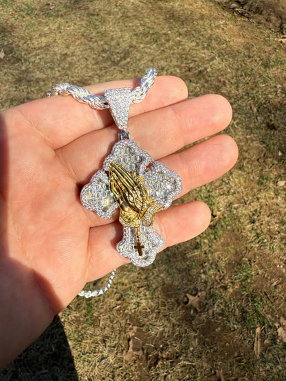 MOISSANITE Baguette Gothic Cross & Praying Hands Pendant - 925 Silver & Gold Accent - 3 Sizes 1.5"-2.75"