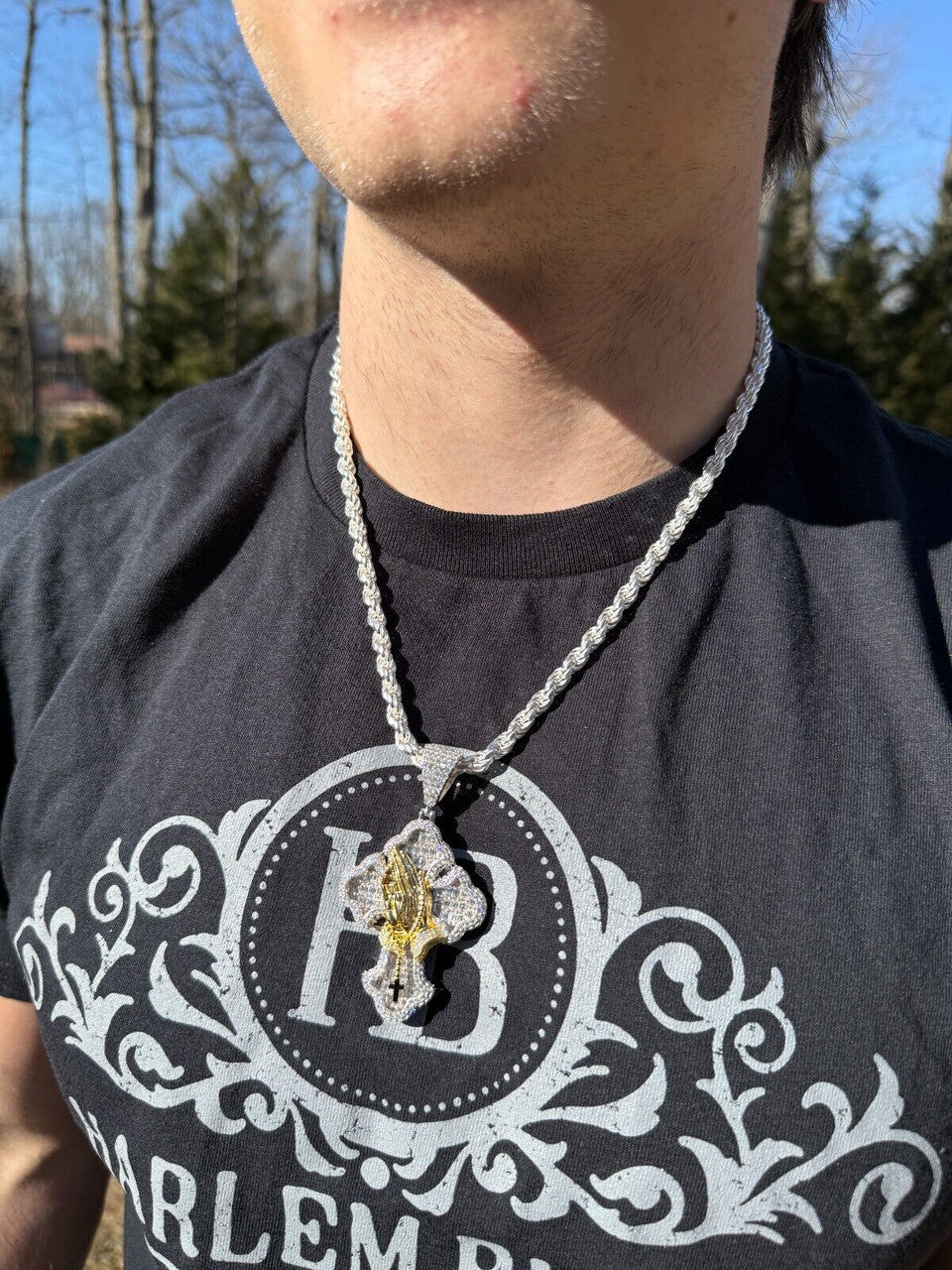 MOISSANITE Baguette Gothic Cross & Praying Hands Pendant - 925 Silver & Gold Accent - 3 Sizes 1.5"-2.75"