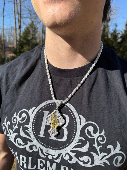 MOISSANITE Baguette Gothic Cross & Praying Hands Pendant - 925 Silver & Gold Accent - 3 Sizes 1.5"-2.75"