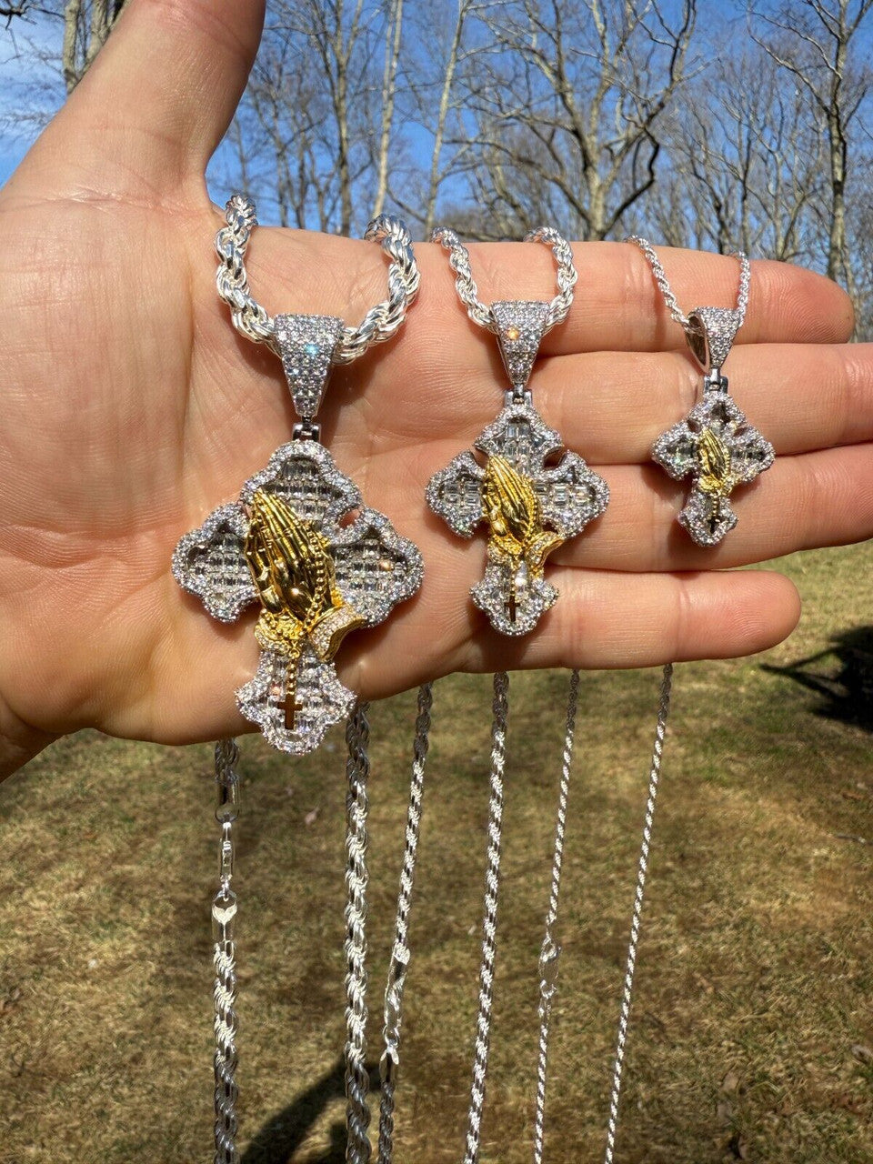 MOISSANITE Baguette Gothic Cross & Praying Hands Pendant - 925 Silver & Gold Accent - 3 Sizes 1.5"-2.75"