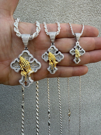 MOISSANITE Baguette Gothic Cross & Praying Hands Pendant - 925 Silver & Gold Accent - 3 Sizes 1.5"-2.75"