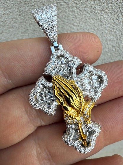 MOISSANITE Baguette Gothic Cross & Praying Hands Pendant - 925 Silver & Gold Accent - 3 Sizes 1.5"-2.75"