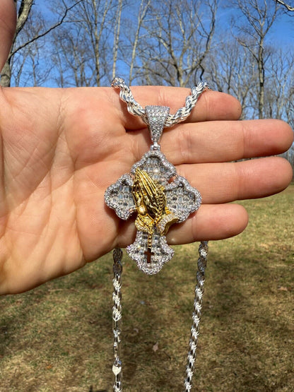 MOISSANITE Baguette Gothic Cross & Praying Hands Pendant - 925 Silver & Gold Accent - 3 Sizes 1.5"-2.75"