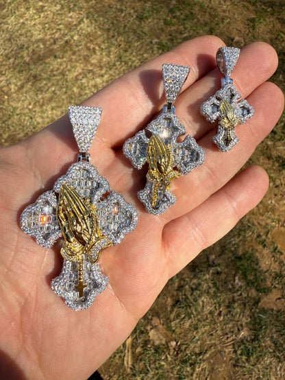 MOISSANITE Baguette Gothic Cross & Praying Hands Pendant - 925 Silver & Gold Accent - 3 Sizes 1.5"-2.75"