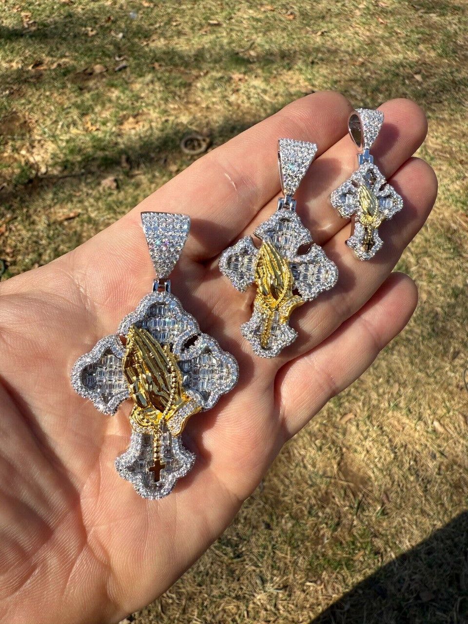 MOISSANITE Baguette Gothic Cross & Praying Hands Pendant - 925 Silver & Gold Accent - 3 Sizes 1.5"-2.75"