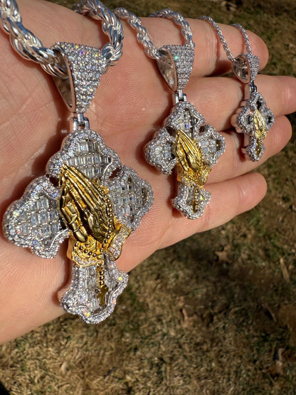 MOISSANITE Baguette Gothic Cross & Praying Hands Pendant - 925 Silver & Gold Accent - 3 Sizes 1.5"-2.75"