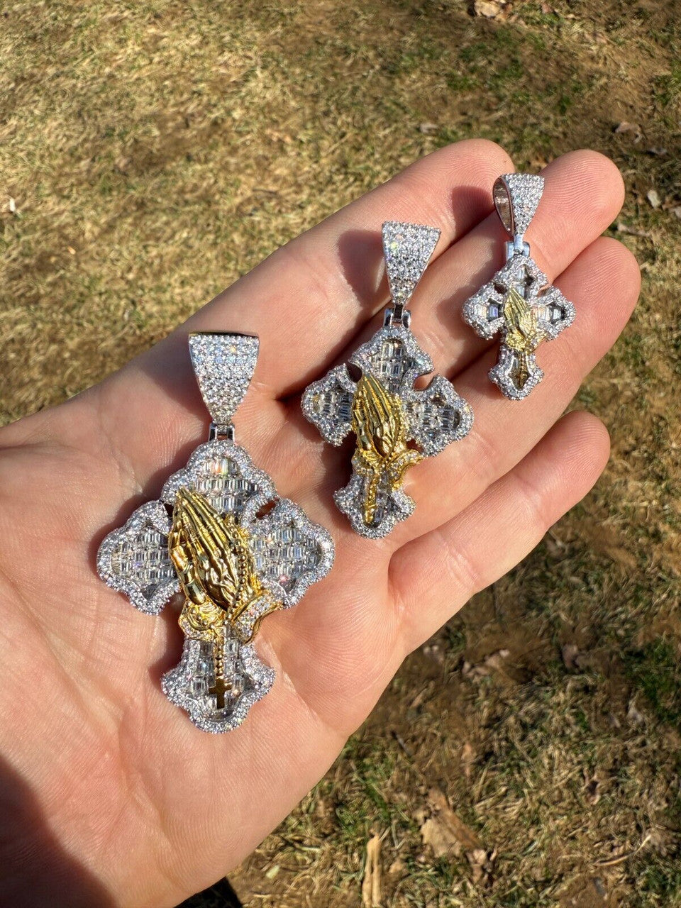 MOISSANITE Baguette Gothic Cross & Praying Hands Pendant - 925 Silver & Gold Accent - 3 Sizes 1.5"-2.75"