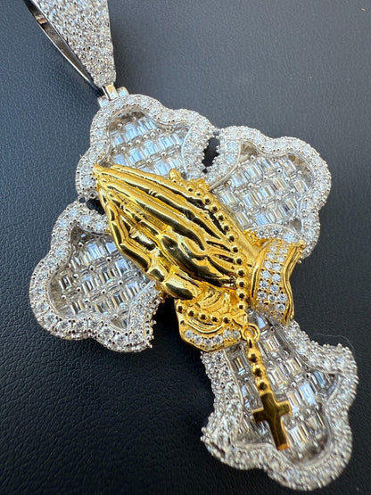 MOISSANITE Baguette Gothic Cross & Praying Hands Pendant - 925 Silver & Gold Accent - 3 Sizes 1.5"-2.75"