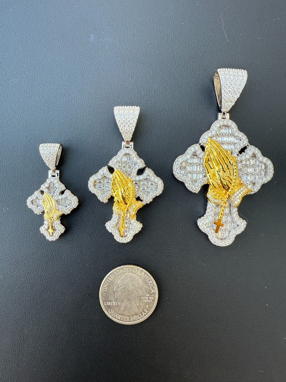 MOISSANITE Baguette Gothic Cross & Praying Hands Pendant - 925 Silver & Gold Accent - 3 Sizes 1.5"-2.75"