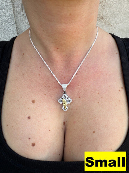 MOISSANITE Baguette Gothic Cross & Praying Hands Pendant - 925 Silver & Gold Accent - 3 Sizes 1.5"-2.75"
