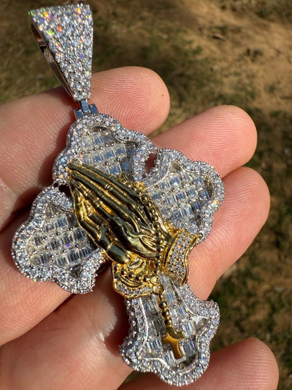 MOISSANITE Baguette Gothic Cross & Praying Hands Pendant - 925 Silver & Gold Accent - 3 Sizes 1.5"-2.75"