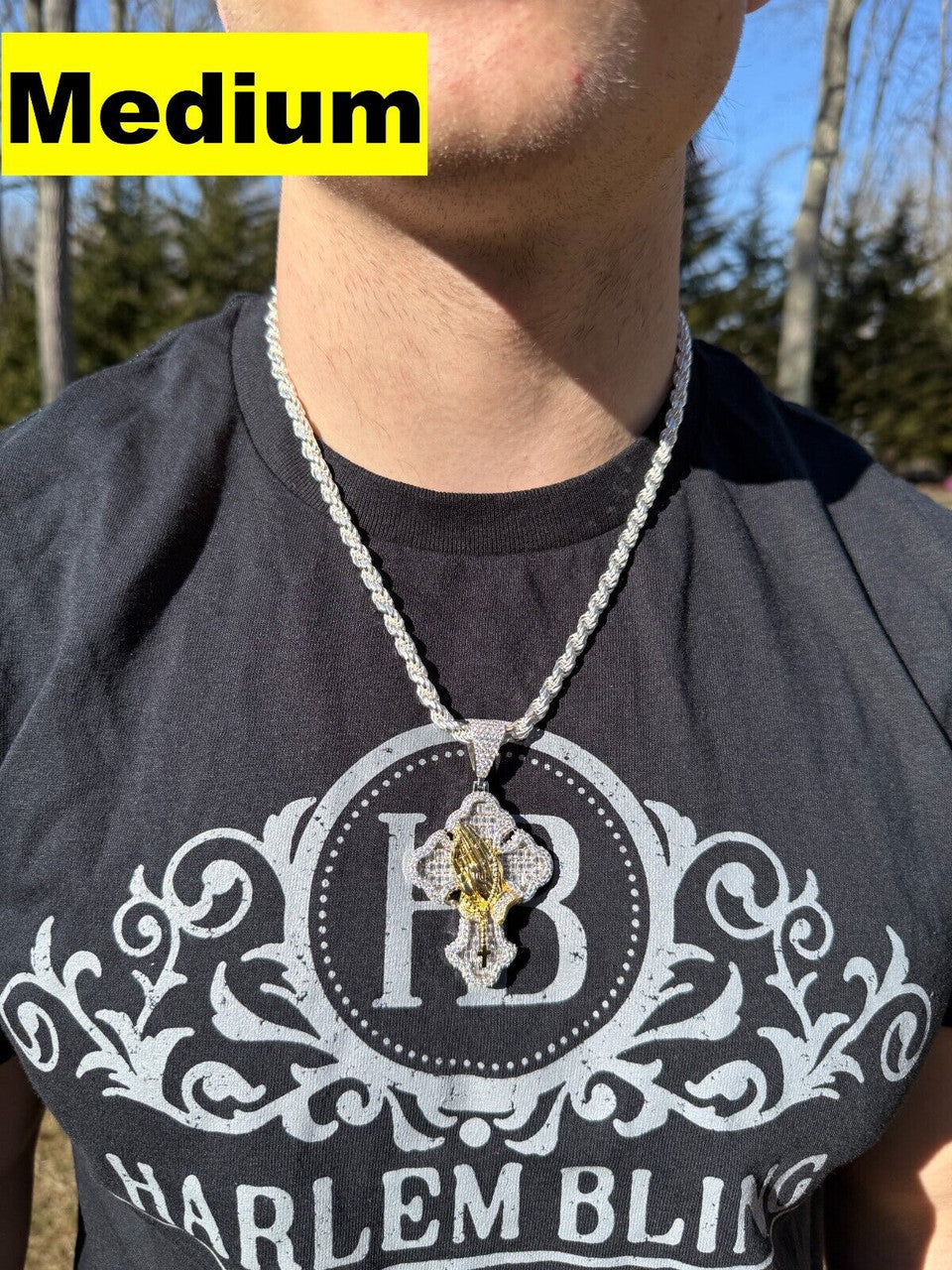 MOISSANITE Baguette Gothic Cross & Praying Hands Pendant - 925 Silver & Gold Accent - 3 Sizes 1.5"-2.75"