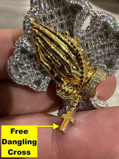 MOISSANITE Baguette Gothic Cross & Praying Hands Pendant - 925 Silver & Gold Accent - 3 Sizes 1.5"-2.75"