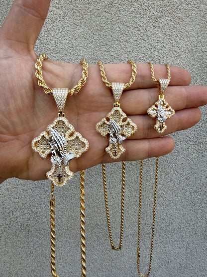MOISSANITE Baguette Gothic Cross & Praying Hands Pendant - 14k Gold Vermeil 925 Silver - 3 Sizes 1.5"-2.75"