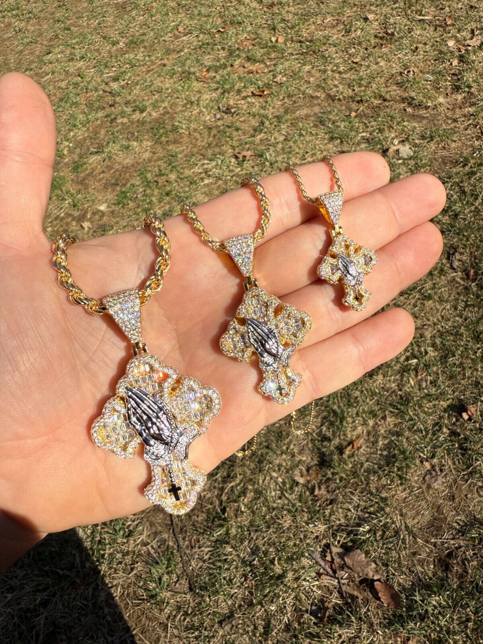 MOISSANITE Baguette Gothic Cross & Praying Hands Pendant - 14k Gold Vermeil 925 Silver - 3 Sizes 1.5"-2.75"