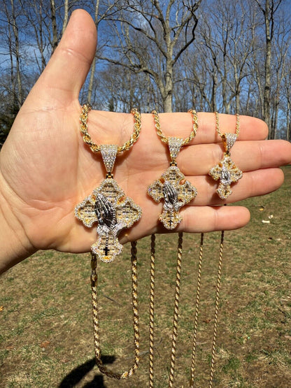 MOISSANITE Baguette Gothic Cross & Praying Hands Pendant - 14k Gold Vermeil 925 Silver - 3 Sizes 1.5"-2.75"