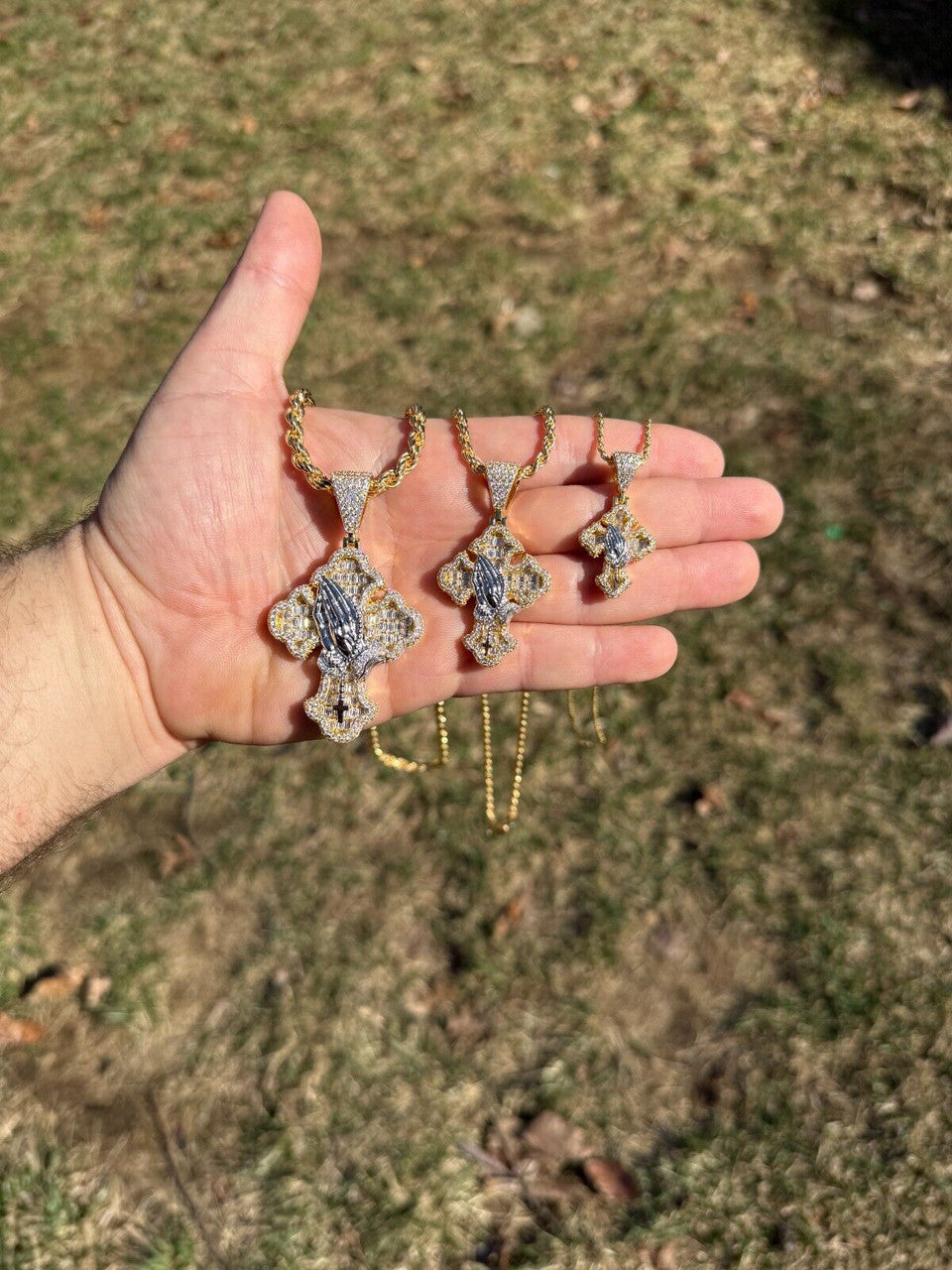 MOISSANITE Baguette Gothic Cross & Praying Hands Pendant - 14k Gold Vermeil 925 Silver - 3 Sizes 1.5"-2.75"